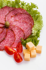 delicious sliced salami on a white background