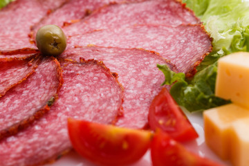 delicious sliced salami on a white background