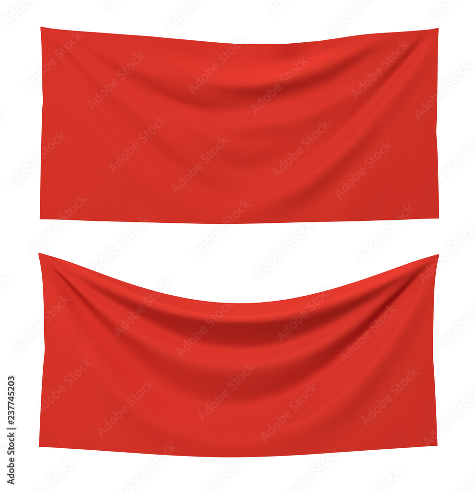 Poster 3d rendering of two red rectangle flags, one straight and another hanging down on a white background