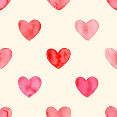 Valentines day, aquarelle illustration. Seamless pattern with bright hand painted watercolor hearts. Romantic decorative background for Valentine's day gift paper, wedding decor or fabric textile.