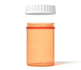 3d rendering of orange transparent plastic pills jar with lid open isolated on white background