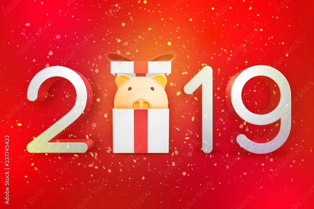 Poster 3d rendering of '2019' sign with a piggy bank in a gift box on red background