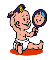 baby with a hair comb and holding a mirror