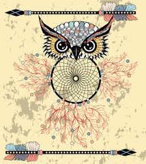 dream catcher with owl. boho style. totem animal