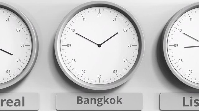 Clock shows Bangkok, Thailand time among different timezones. 3D animation