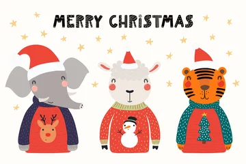 Washable wall murals Illustrations Hand drawn vector illustration of cute animals, elephant, sheep, tiger, in Santa hats, sweaters, with text. Isolated objects on white. Scandinavian style flat design. Concept Christmas card, invite.