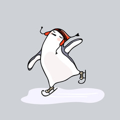 Hand drawn skating penguin