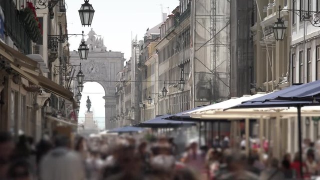 Lisbon City Rua Augusta Anonymous Crowd Time Lapse. Anonymous people walking at famous Rua Augusta in downtown Lisbon, Portugal. Time lapse