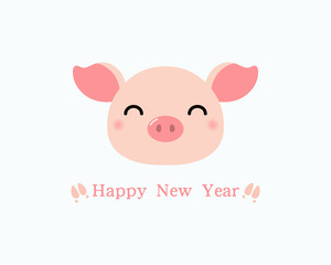 2019 Chinese New Year greeting card with cute pig head, hoof print, text. Isolated objectson on white background. Vector illustration. Design concept holiday banner, decorative element.