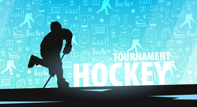 Hockey banner with player and doodle elements on the background. Vector illustration.