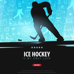 Hockey banner with players and doodle elements on the background. Vector illustration.