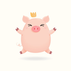 Hand drawn vector illustration of a cute little pig in a crown. Isolated objects on white background. Design concept for Chinese New Year greeting card, holiday banner, decorative element.