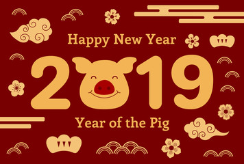 Fototapeta na wymiar 2019 Chinese New Year greeting card with cute pig, clouds, flowers, numbers, text, gold on red. Vector illustration. Isolated objects. Flat style design. Concept for holiday banner, decorative element