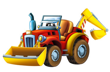Obraz na płótnie Canvas Cartoon farm tractor excavator - on white background - illustration for the children