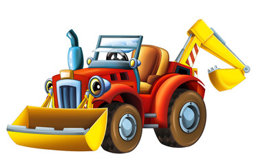 Obraz na płótnie Canvas Cartoon happy and funny farm tractor excavator - on white background - illustration for the children