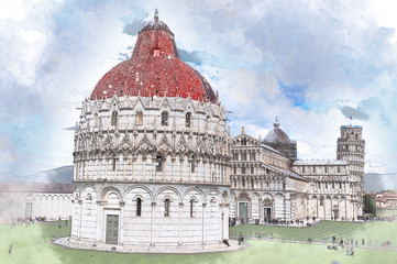 Architectural sketch about Piazza dei Miracoli, Pisa (Italy)