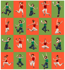 Freedom in moving. pretty happy young woman jumping and gesturing against colorful studio background. Runnin girl in motion or movement. Human emotions and facial expressions concept. Collage