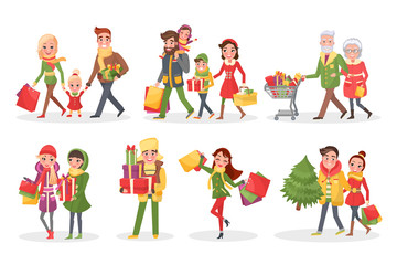 Fototapeta na wymiar Characters of Families at Christmas Shopping Set