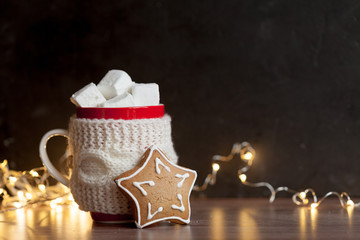 Dark christmas mock-up with cup of hot cocoa
