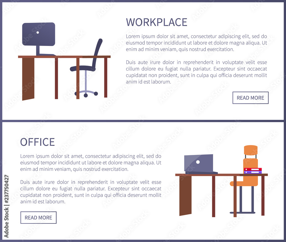 Poster office workplace web posters set with empty tables