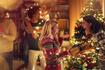Girl surprising her friend girl with a present at Christmas..
