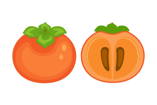 Whole And Half Persimmon Vector Illustration Isolated