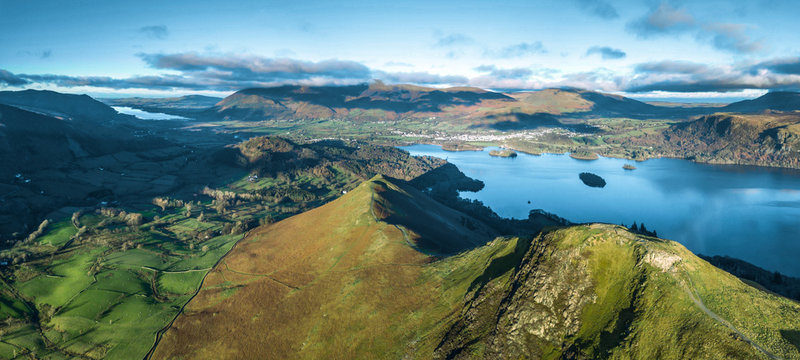 Lake District, UK- Panoramic aerial views over Cat Bells fell and Derwent Water 