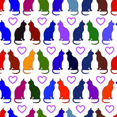 Multicolored cats, hearts -  seamless animal pattern