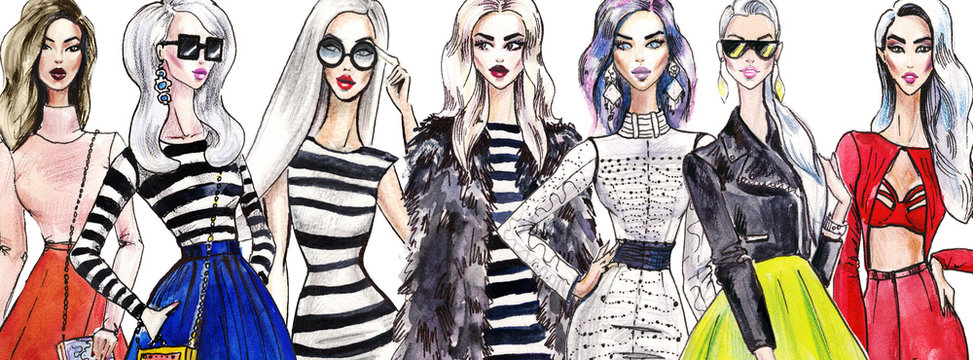 illustration fashionable girls.  Group of diverse young modern women wearing trendy clothes. Casual stylish city street fashion outfits. Hand drawn characters. watercolor fashion illustration