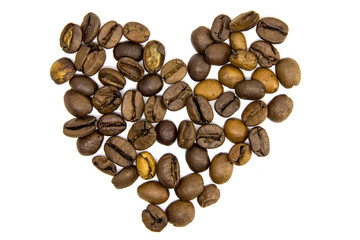 Roasted coffee beans pile from top on white background