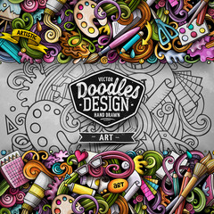 Obraz premium Cartoon vector doodles Art horizontal stripe card. Artistic funny border