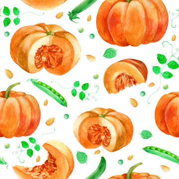 Watercolor illustration, pattern. Image of pumpkin, pea leaves.