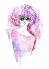 hipster girl with sunglasses. Hand painted fashion illustration . fall trends. fashion trends. Fashion illustration.