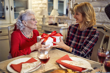 Daughter and senior mother m together celebrate Christmas at home.