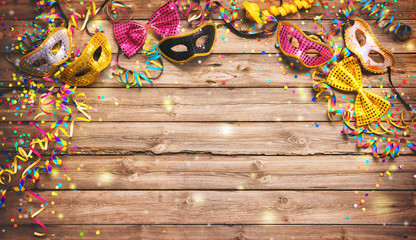Colorful carnival or birthday background with masquerade masks
