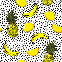Trendy and fresh hand sketch summer fruits lemon,pineapple,banana,seamless pattern vector layer on painting  black polka dots for fashion fabric and all prints © MSNTY_STUDIOX