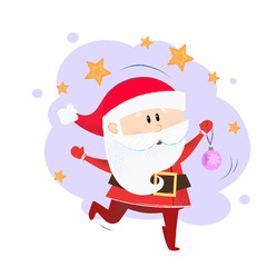 Cheerful cute Santa Claus holding Christmas bauble. Christmas design element. For greeting cards, leaflets, brochures, invitations, posters or banners.