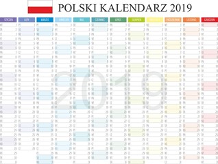 Polish Calendar 2019, Kalendarz polski 2019, monthly planning, color calendar template for year 2019, weeks, months, Polish Language, set of 12 months, printable calendar vector illustration 