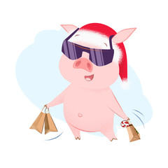 Cute piglet holding shopping bags, wearing Santa hat and sunglasses. Christmas shopping design element. For greeting cards, leaflets, brochures, invitations, posters or banners.