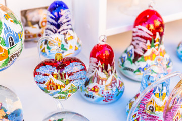 Colorful decorations at Christmas market in Strasbourg,, Alsace, France.
