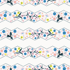 Beutiful gentle zig zag stripe Liberty flower seamless pattern ,elegant gentle trendy  in small-scale flower. Floral meadow background for textile, fabric, covers, wallpapers, print, 