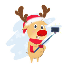 Cute reindeer taking selfie photo. New Year Day design element. For greeting cards, leaflets, brochures, invitations, posters or banners.