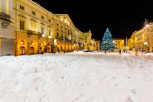 View of Chanoux square at Christmas time, in center of Aosta, Italy, 