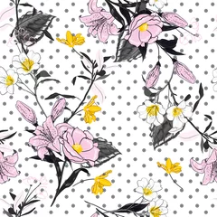 Selbstklebende Fototapeten Trendy and softy blooming light pink flowers  seamless pattern vector on pollka dots on white background for fashion fabric © MSNTY_STUDIOX