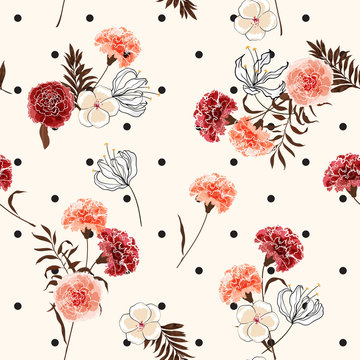 Beautiful trendy and softy blooming carnation flowers seamless pattern vector on pollka dots on summer light pink background for fashion fabric