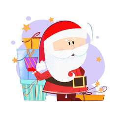 Cute Santa Claus with gift boxes. Christmas design element. For greeting cards, leaflets, brochures, invitations, posters or banners.
