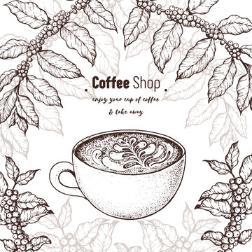 Coffee cup and coffee tree illustration. Vintage design for coffee shop. Engraved vector illustration. Macchiato cup.
