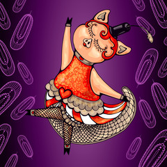 pig in cabaret costume dancing cancan in feathers