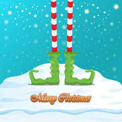 vector funny merry christmas greeting card with cartoon elfs legs, elf shoes and christmas stripped stocking on falling snow in sky. Vector merry christmas kids cartoon background