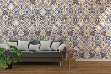 living room interior with tile classic texture wall background ,minimal designs, 3d rendering.